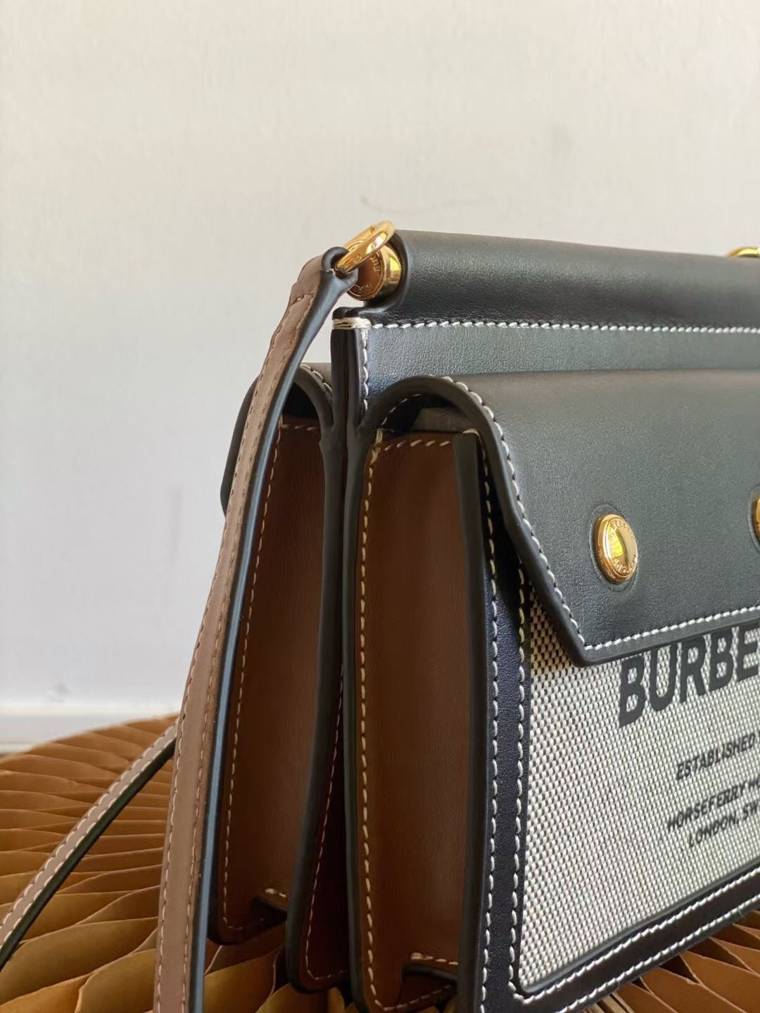 Burberry Mini Title Bag in Horseferry Print Canvas & Malt Brown Leather