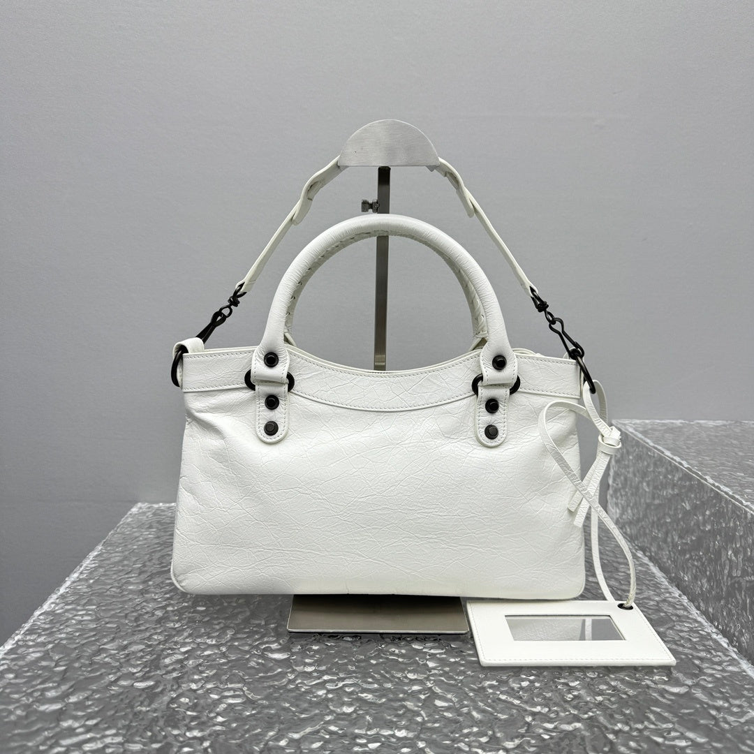 Balenciaga Le City Studded White Leather Satchel