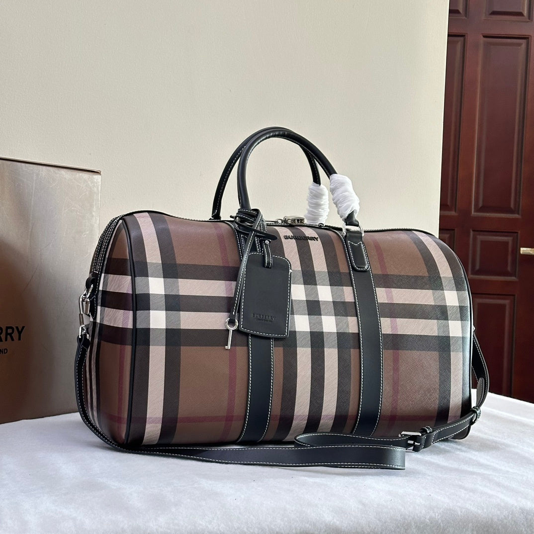 Burberry Boston Duffle Bag Iconic Check Canvas with Leather Luggage Tag