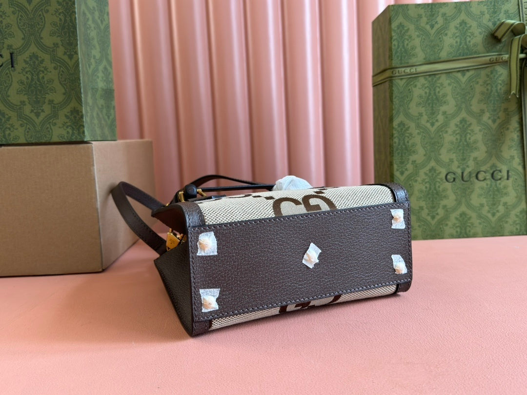 Gucci Diana Mini Tote Bag in Camel & Ebony Jumbo GG Canvas with Brown Leather Trim and Bamboo Handles