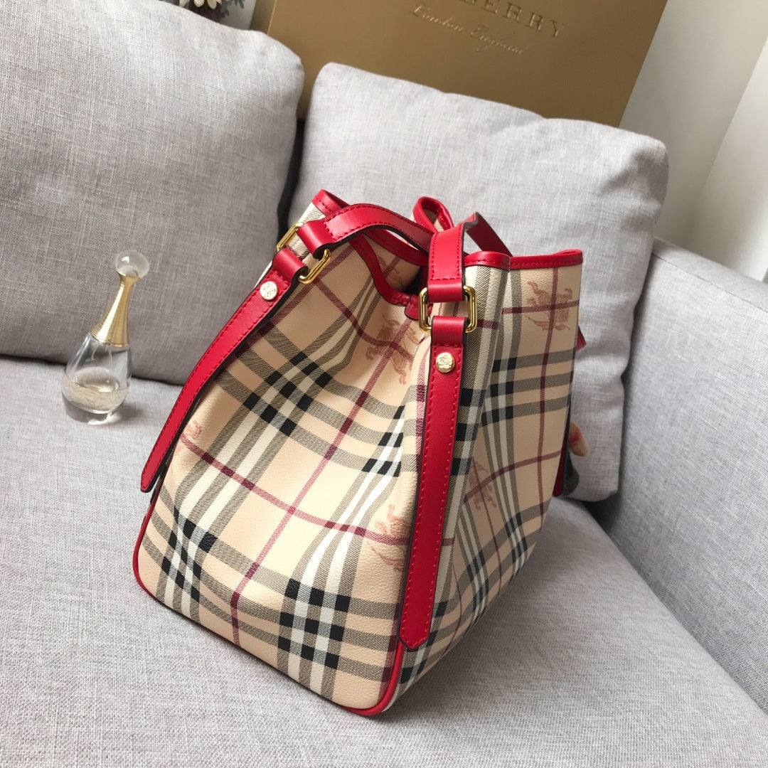 Burberry Canterbury Tote Haymarket Check Canvas & Red Leather Bag