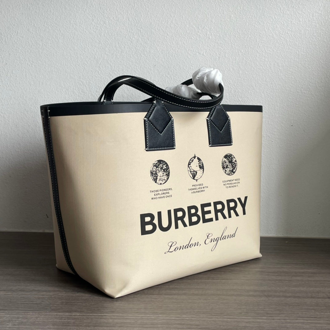 Burberry Label Print Cotton Medium London Tote Bag with Black Leather Trim