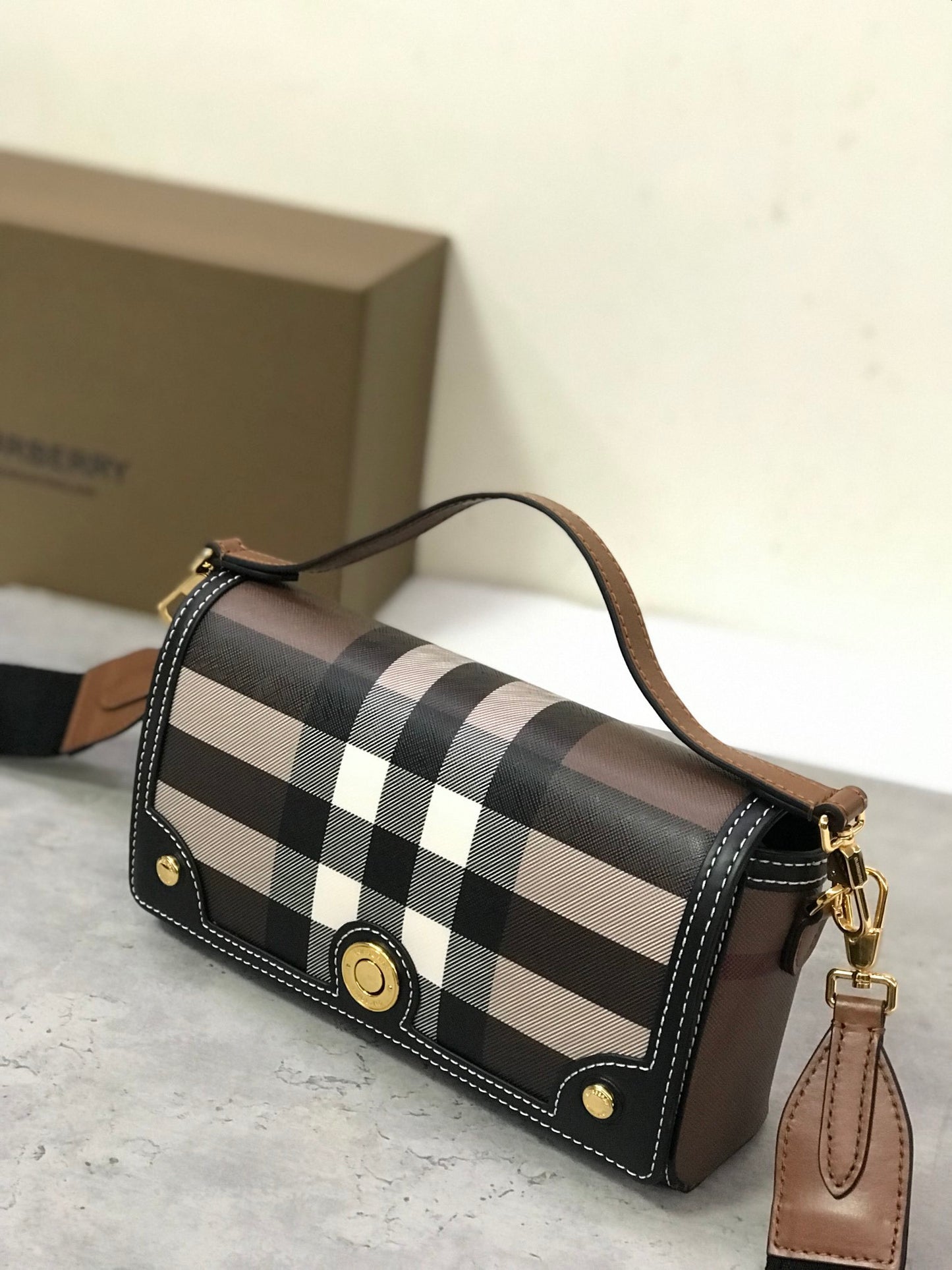 Burberry Note Bag with Iconic Check Pattern and Smooth Leather Trim