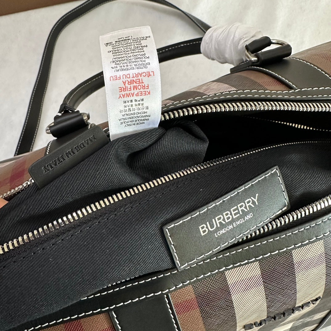 Burberry Boston Duffle Bag Iconic Check Canvas with Leather Luggage Tag