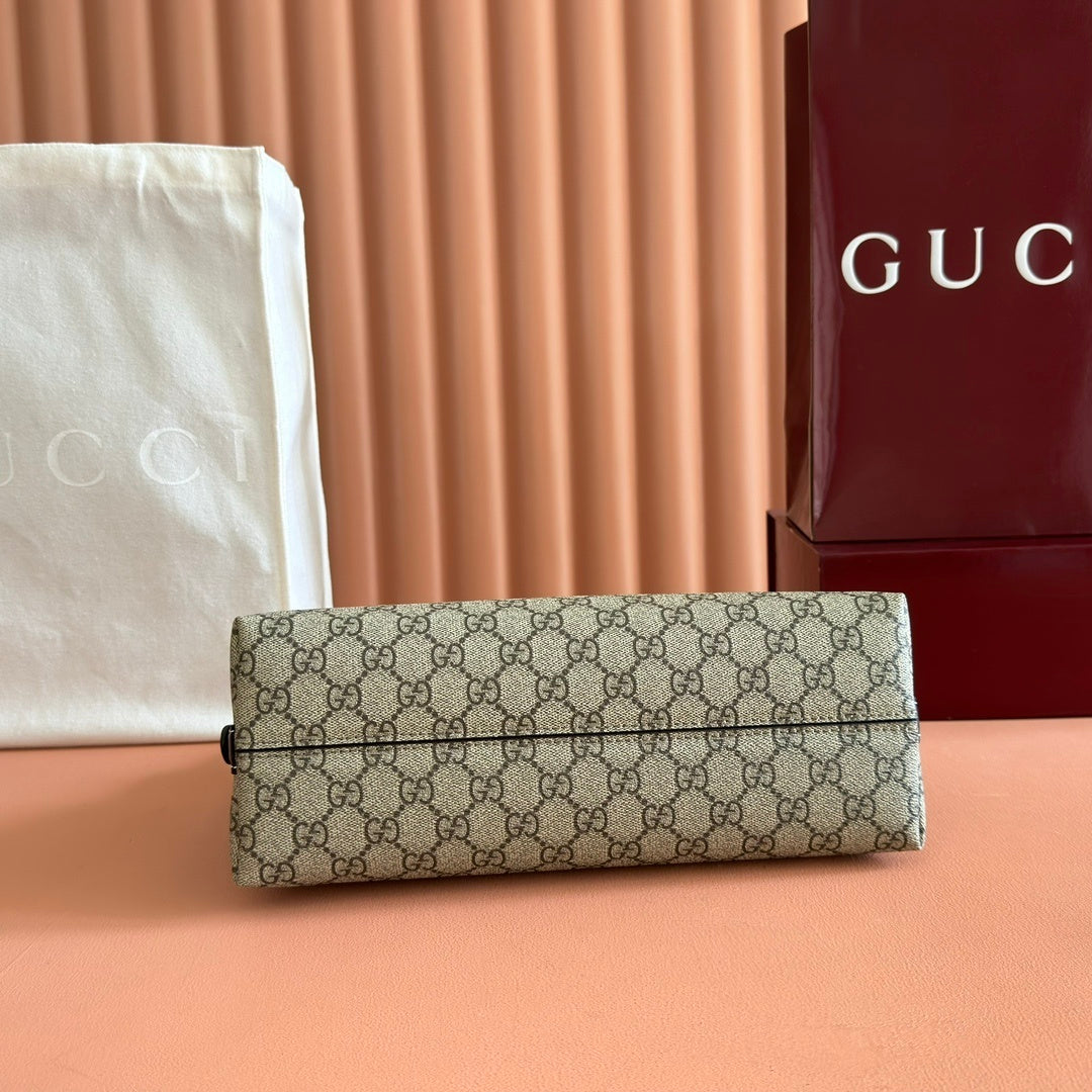 Gucci GG Emblem Medium Shoulder Bag in Beige & Dark Brown Fabric with Leather Trim