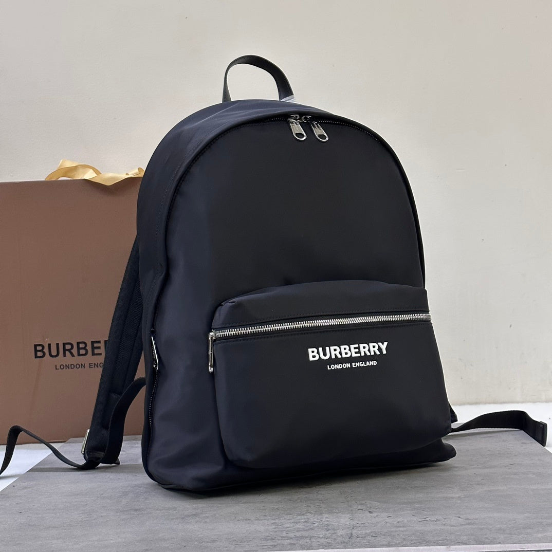 Burberry Black Nylon Backpack with Raised Logo and Leather Trim