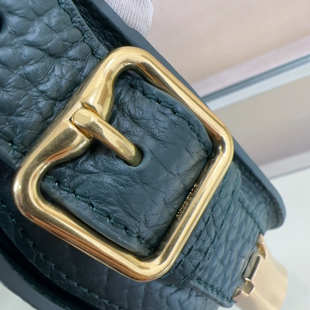 Burberry Chess Satchel Dark Green Textured Leather Luxury Handbag