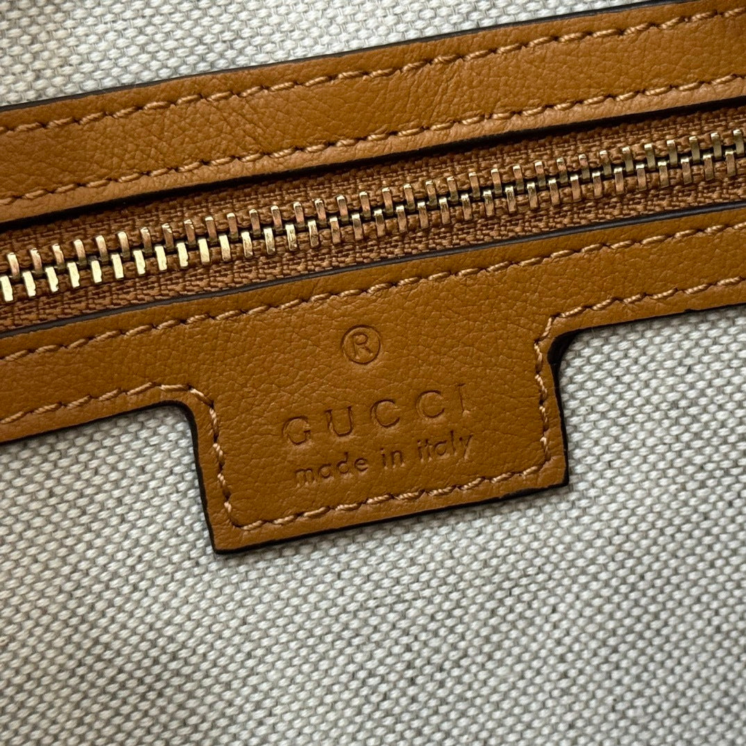 Gucci Attache Large Leather Shoulder Bag in Tan with Web-Stripe Strap