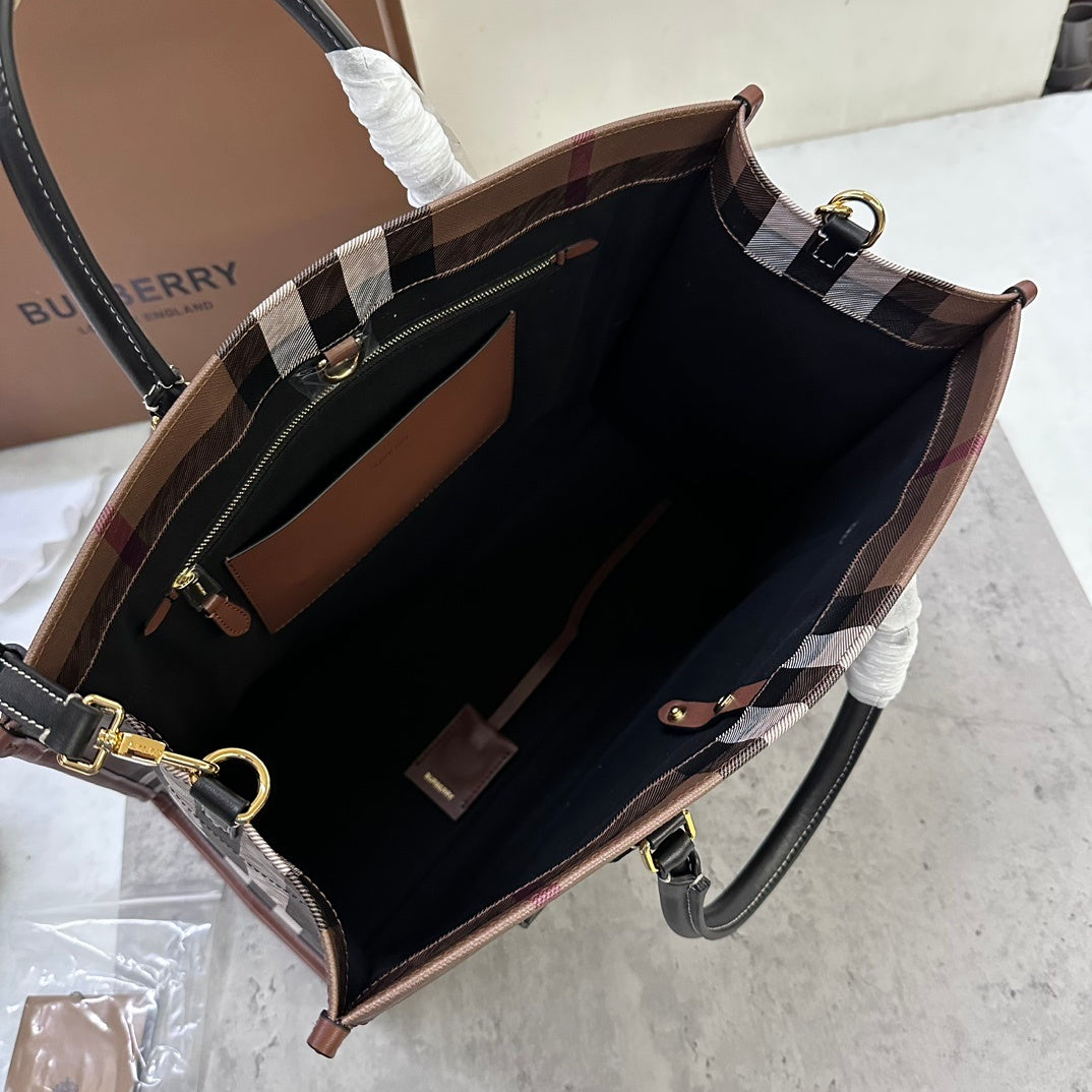 Burberry Medium Freya Tote Bag in Dark Birch Brown Check with Black Leather Trim