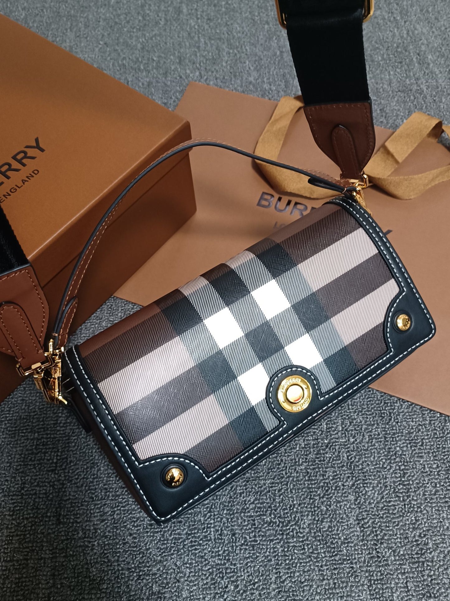 Burberry Note Bag Dark Birch Brown Check Canvas Luxury Crossbody