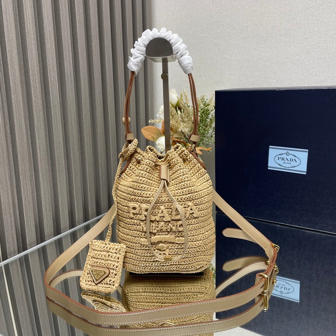 Prada Crochet Mini Bucket Bag – Beige Raffia with Leather Drawstring