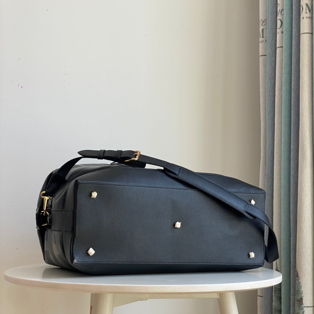 Burberry Black Leather Boston Bag with Check-Embossed Pattern