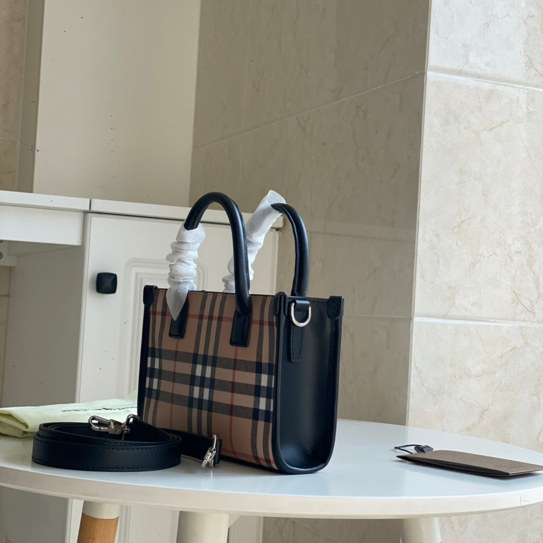 Burberry Mini Vintage Check & Leather Tote Archive Beige Luxury Bag