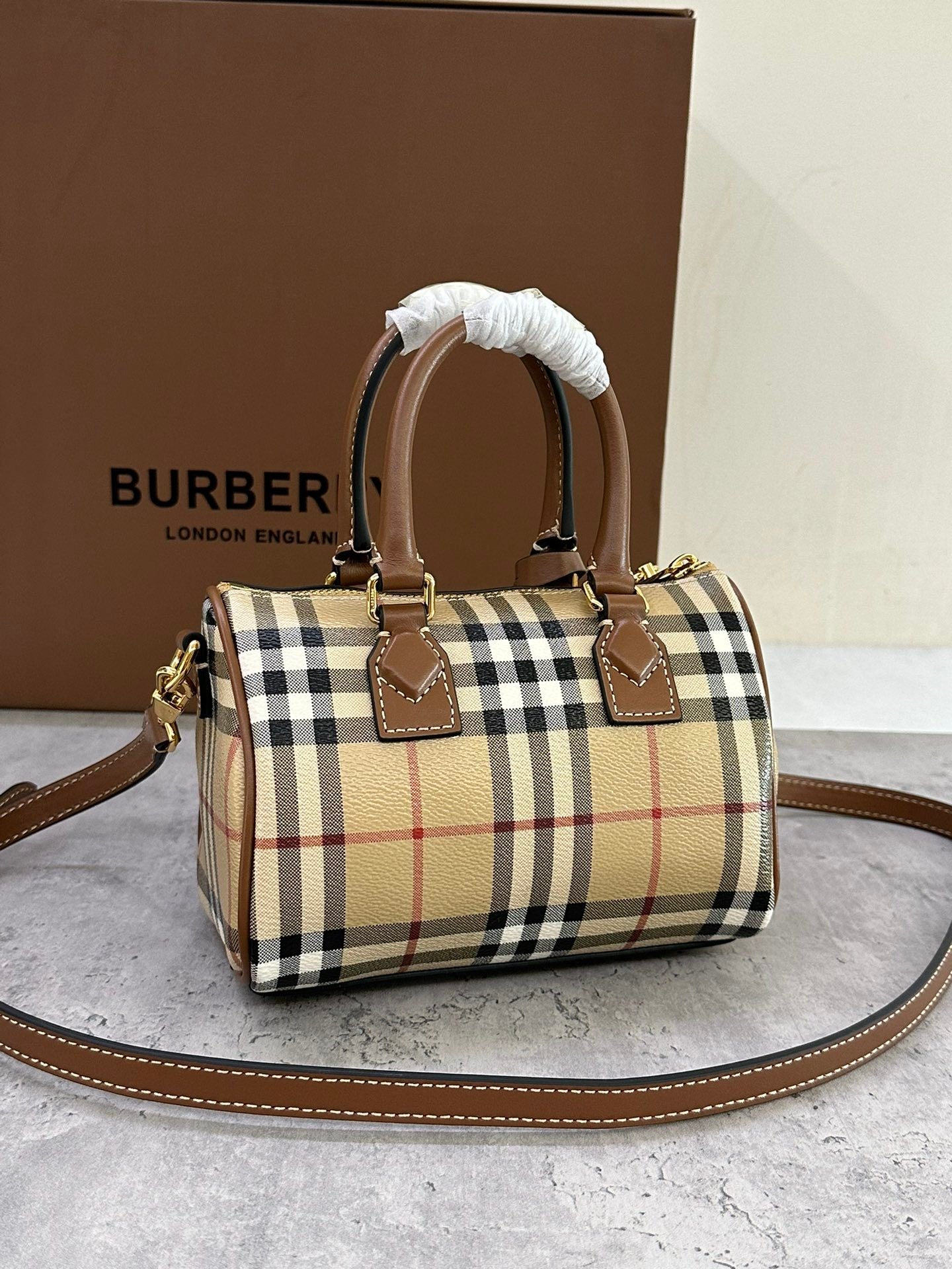 Burberry Mini Check Bowling Bag in Archive Beige & Briar Brown with Leather Trim