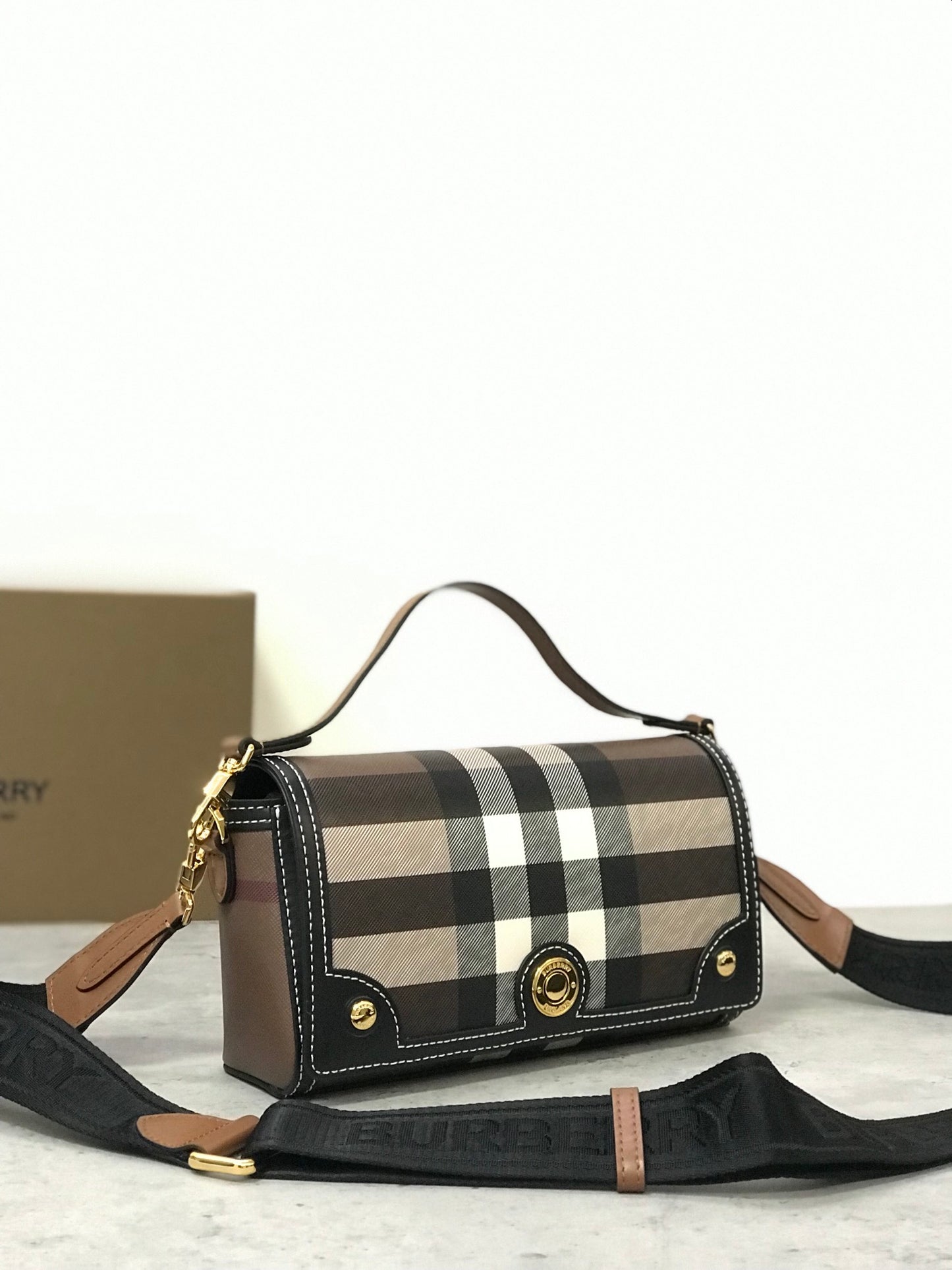 Burberry Note Bag with Iconic Check Pattern and Smooth Leather Trim