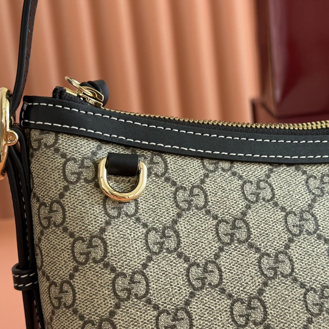 Gucci GG Emblem Medium Shoulder Bag in Beige & Dark Brown Fabric with Leather Trim