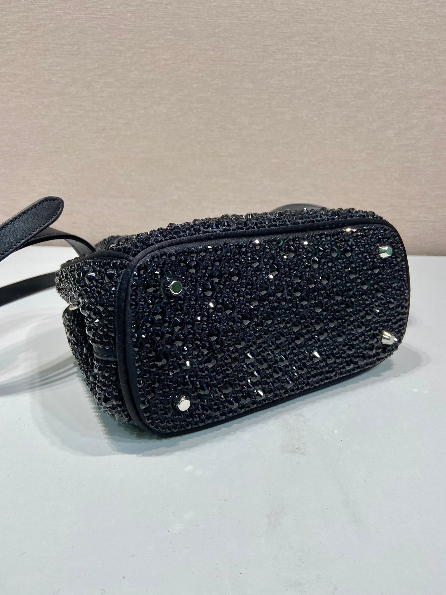Prada Galleria Mini Satin Bag – Black with Crystals