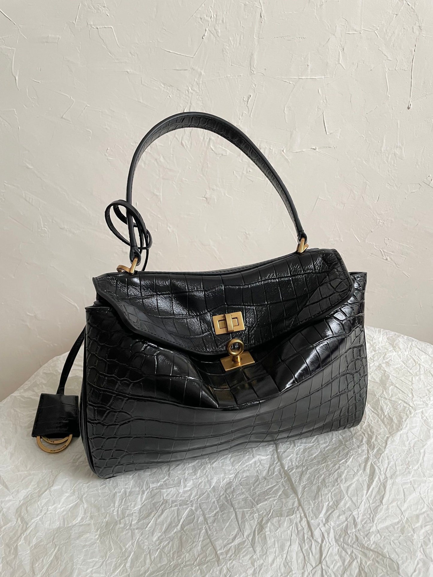 Balenciaga Rodeo Black Crocodile-Embossed Leather Luxury Bag