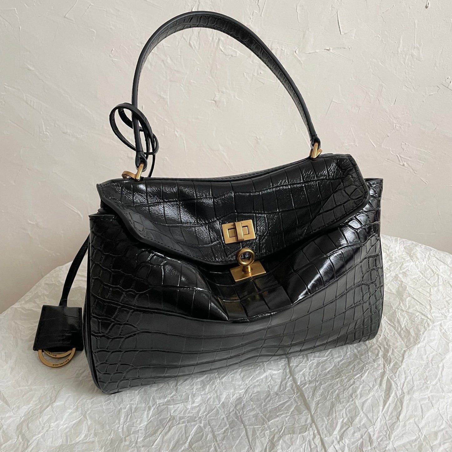 Balenciaga Rodeo Black Crocodile-Embossed Leather Luxury Bag