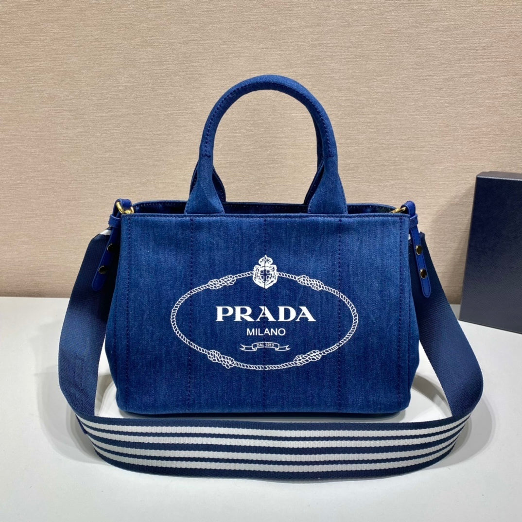 Prada Canapa Tote Bag – Blue Denim/Canvas with White Logo Print & Detachable Shoulder Strap