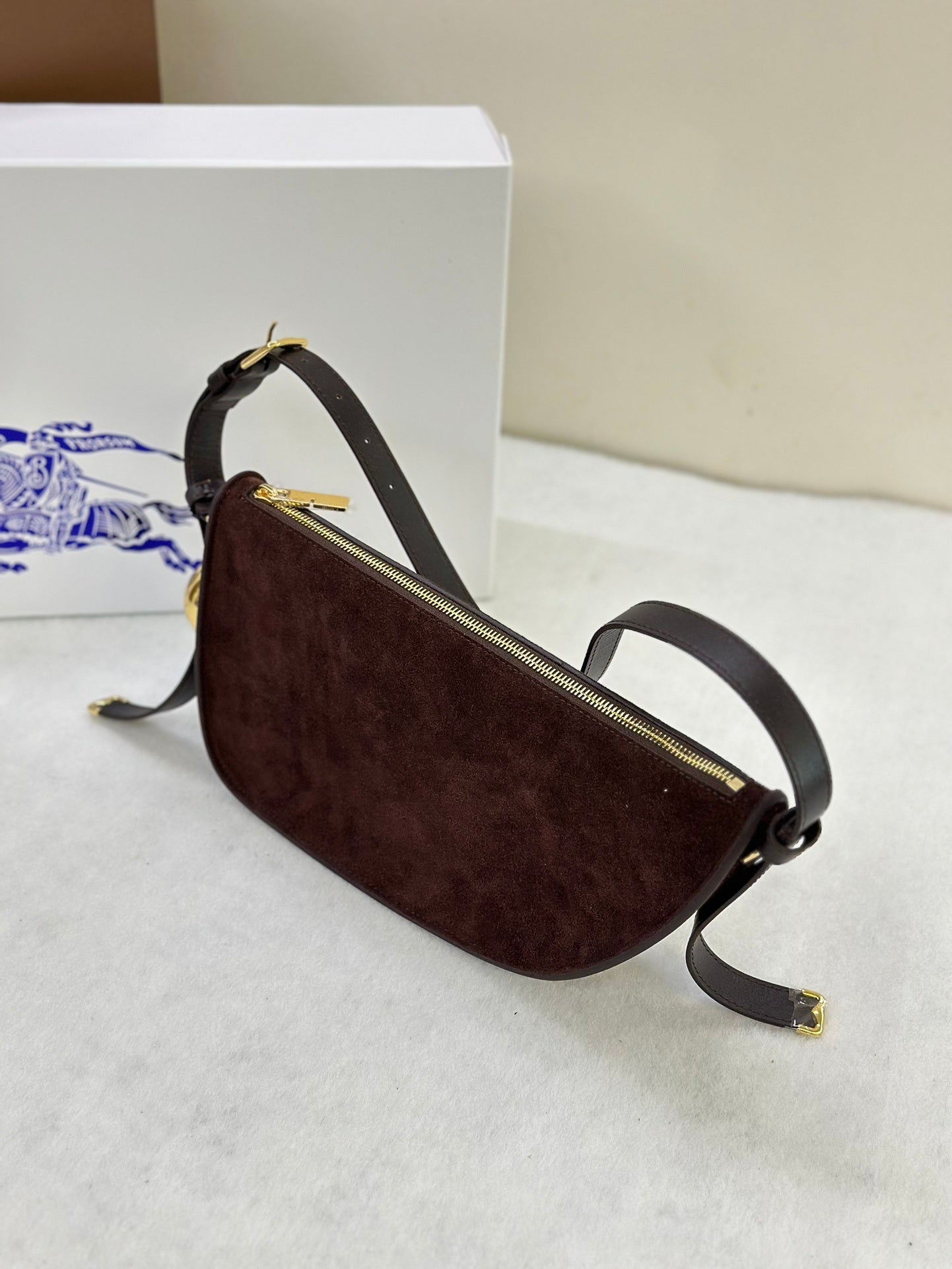 Burberry Shield Small Brown Suede Crescent Shoulder Bag