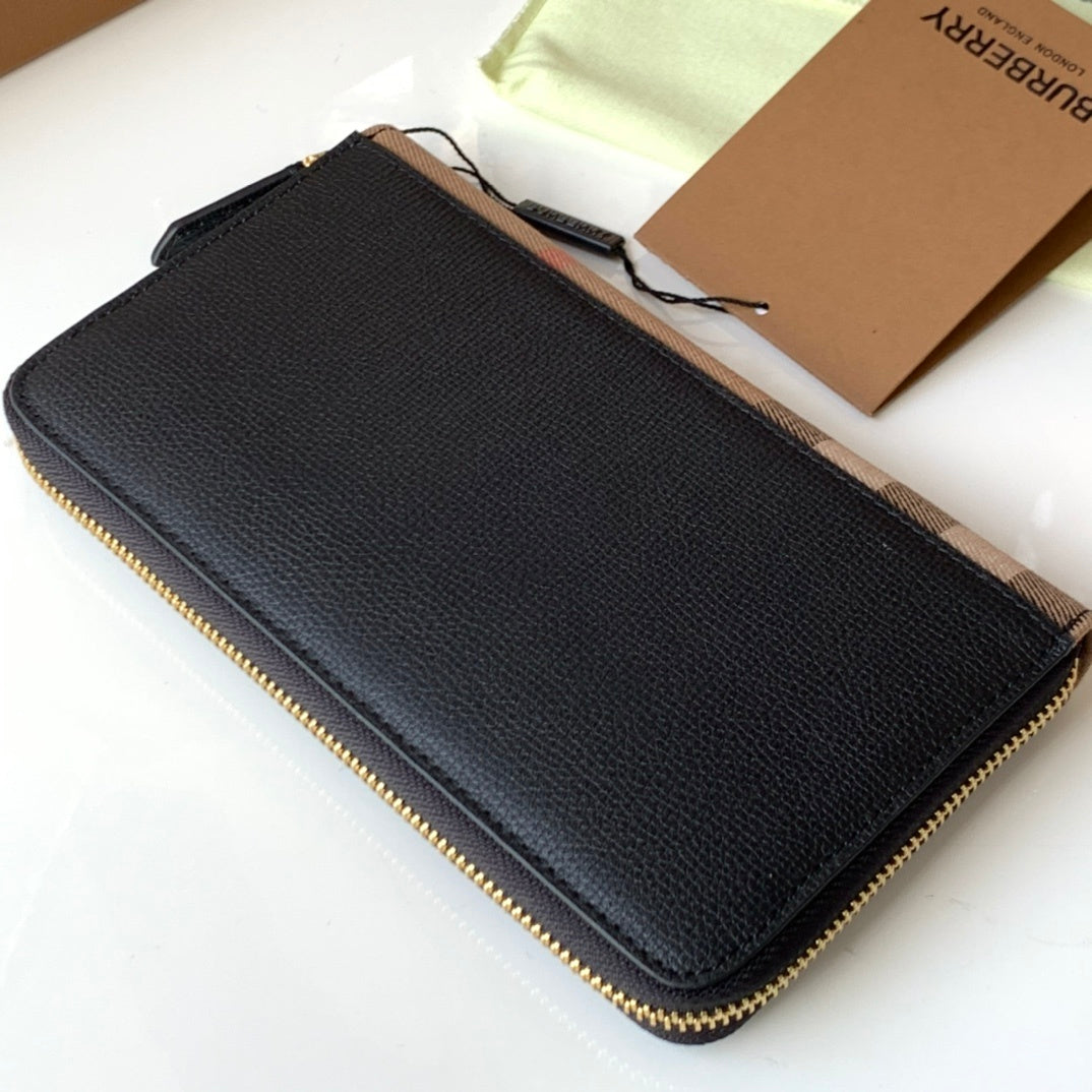Burberry Logo Leather Continental Wallet in Black Calfskin with Check Side Panel