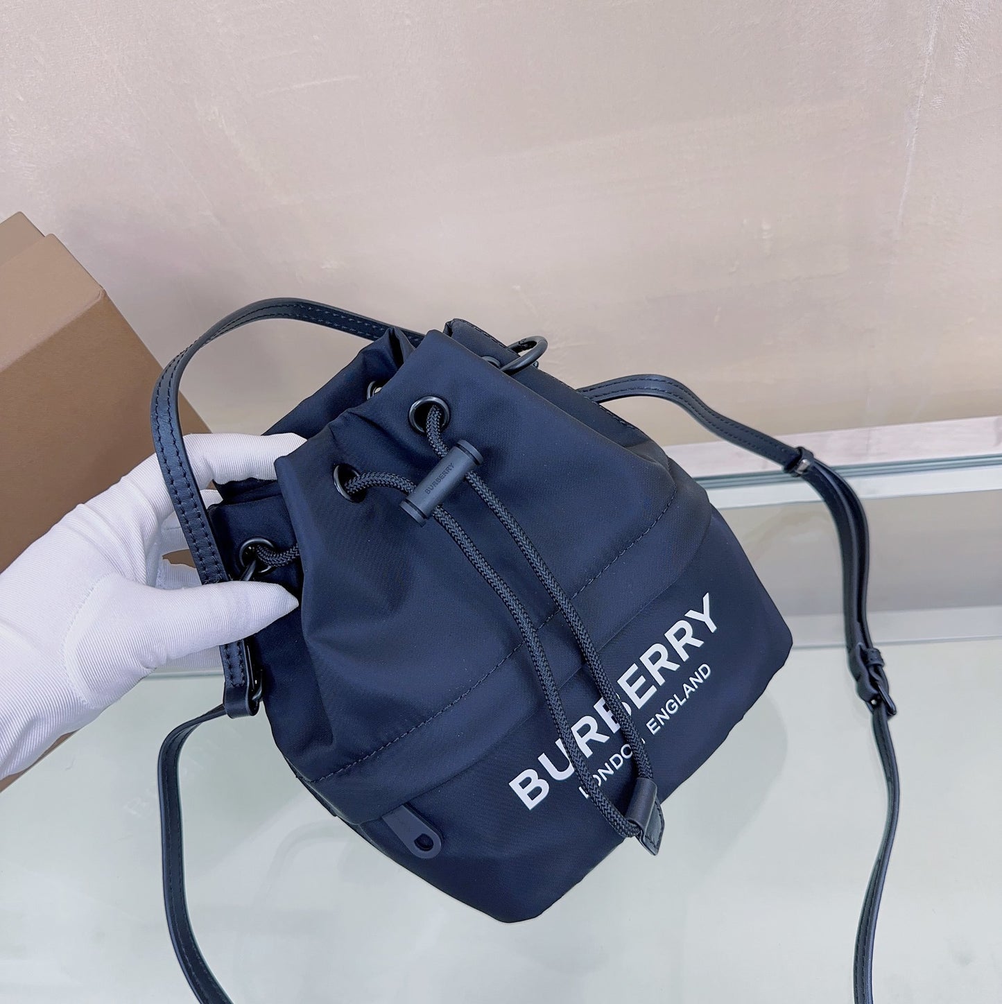 Burberry Phoebe Bucket Bag in Black Technical Nylon with White Logo Print
