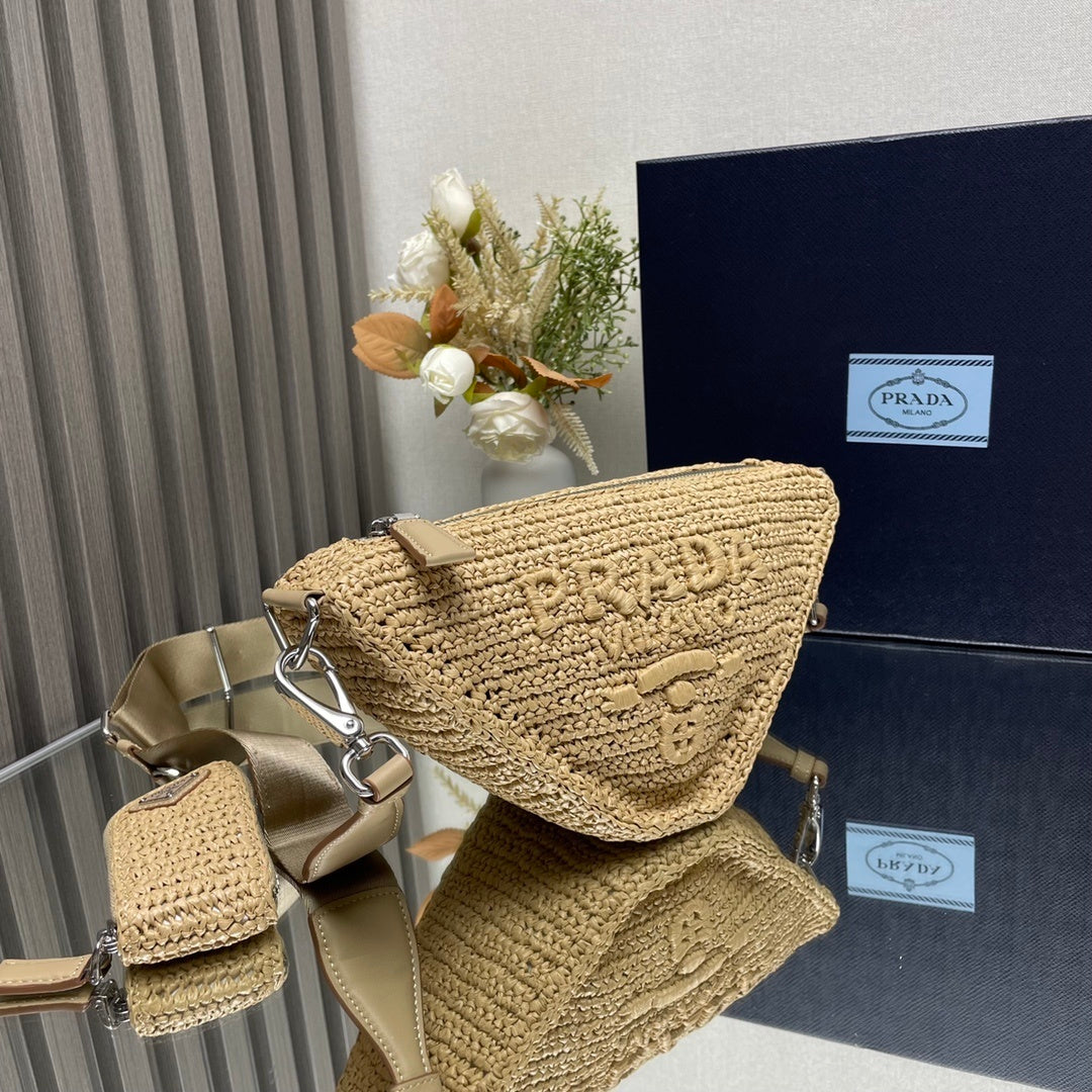 Prada Crochet Triangle Shoulder Bag – Natural Tan Raffia-Effect