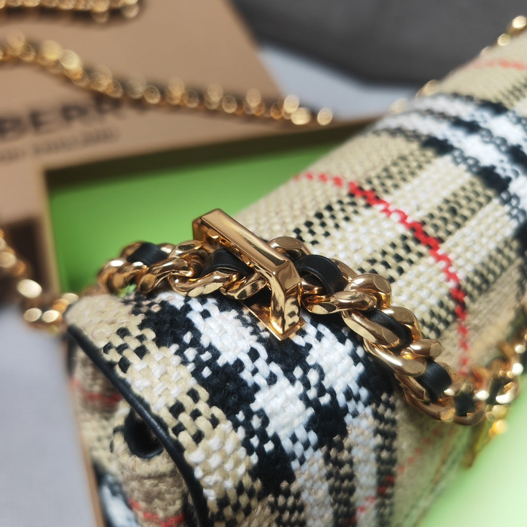 Burberry Beige Check Crossbody Bag with Gold-Tone Chain Strap