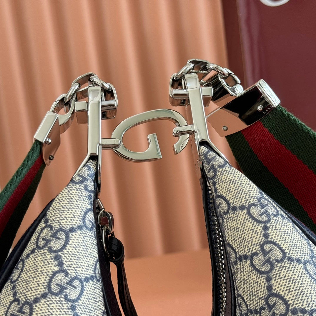 Gucci Attache Small Shoulder Bag in Beige GG Supreme Canvas with Blue Leather Trim