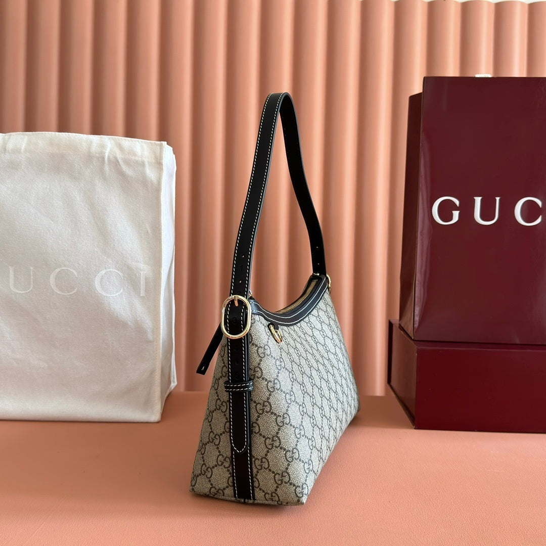 Gucci GG Emblem Medium Shoulder Bag in Beige & Dark Brown Fabric with Leather Trim