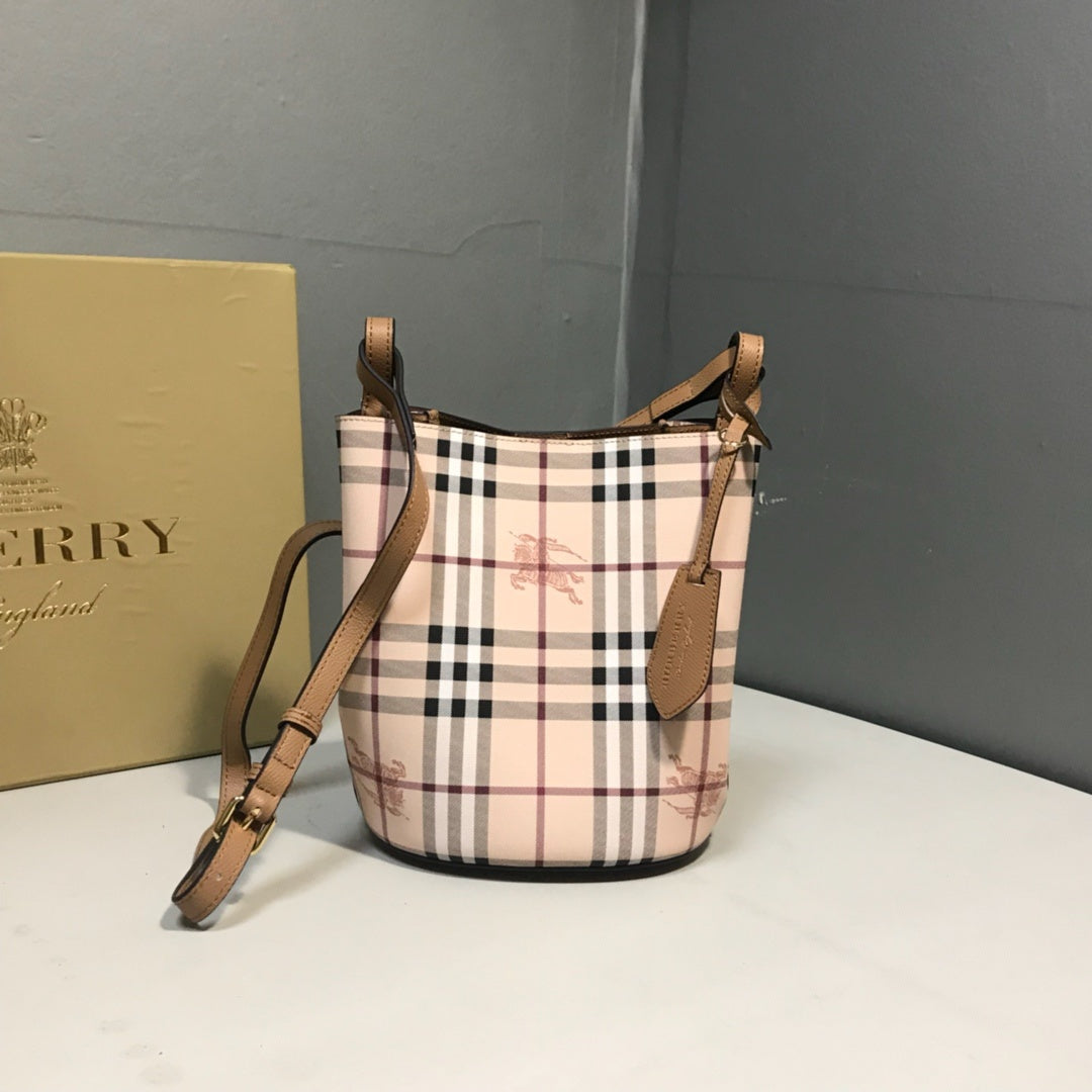 Burberry Lorne Bucket Bag Haymarket Check Coated Canvas Luxury Handbag
