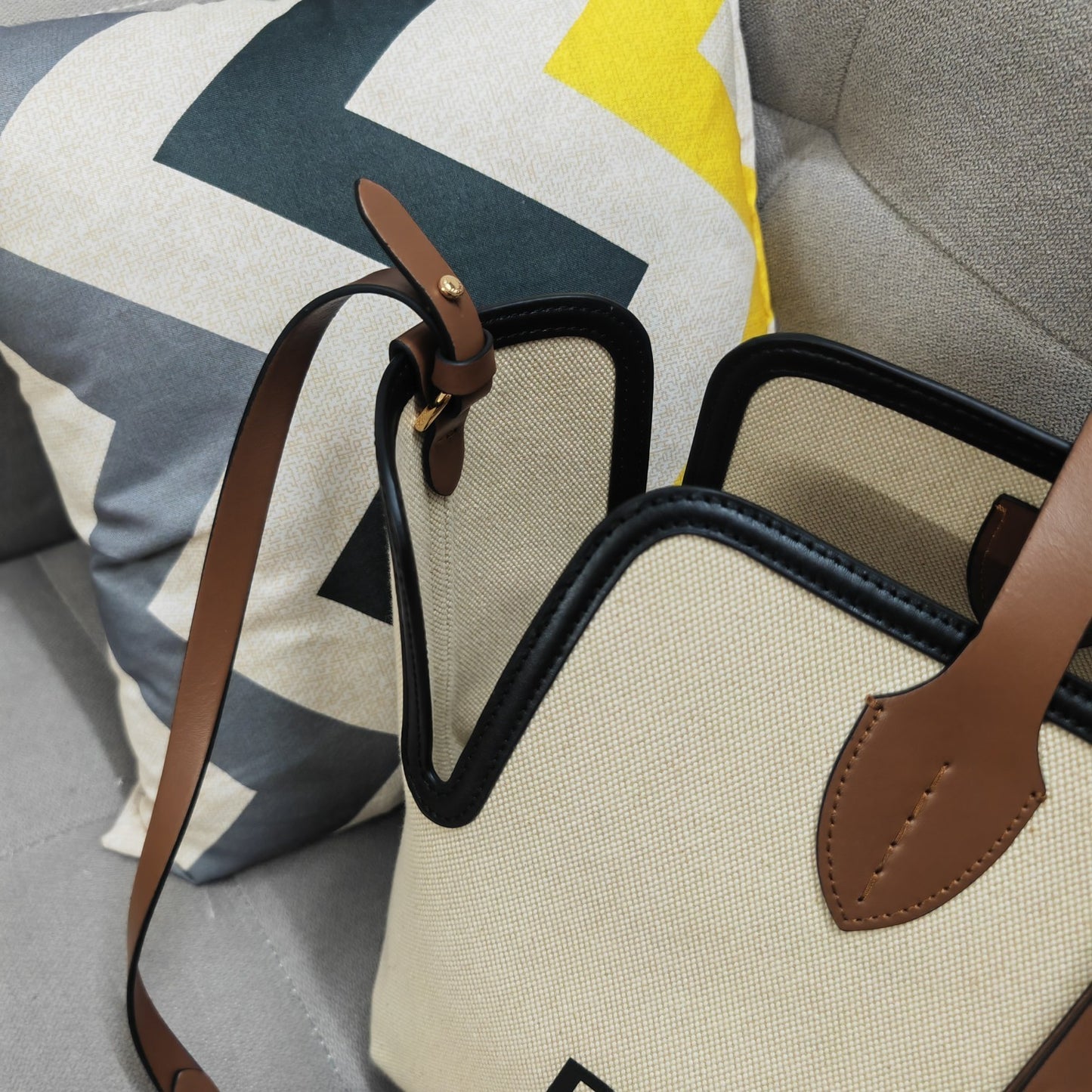 Burberry Medium Horseferry Canvas Tote Bag with Tan Leather Trim
