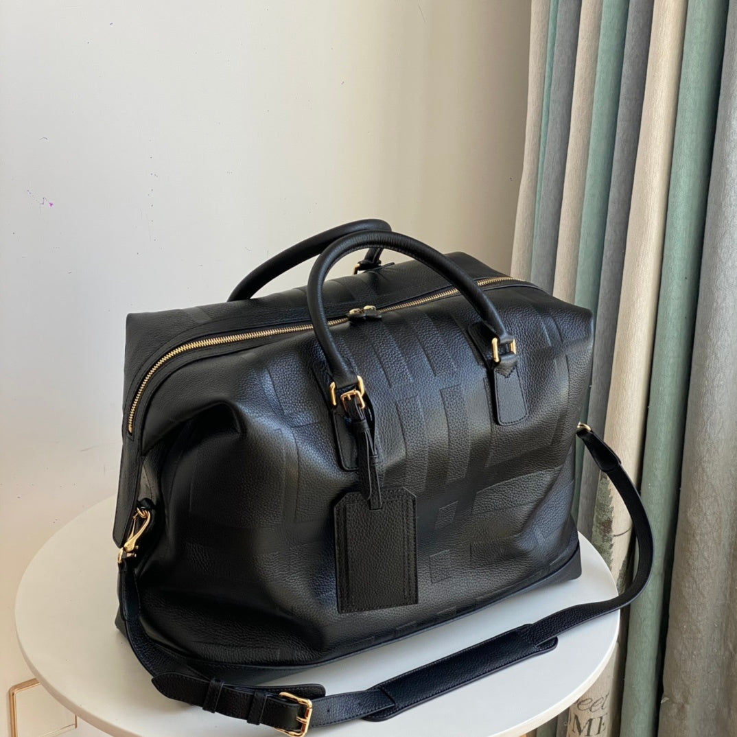 Burberry Black Leather Boston Bag with Check-Embossed Pattern