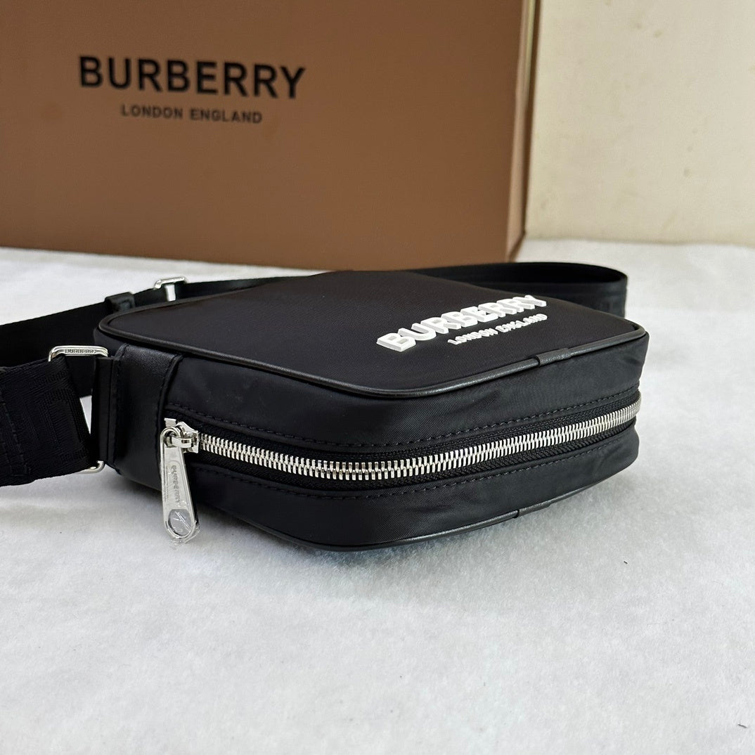 Burberry Logo Print Nylon Square Paddy Bag in Black with White Logo