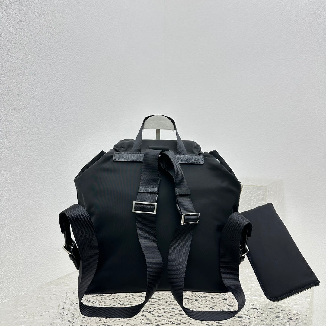 Prada Black Re-Nylon and Saffiano Leather Backpack with Detachable Pouch