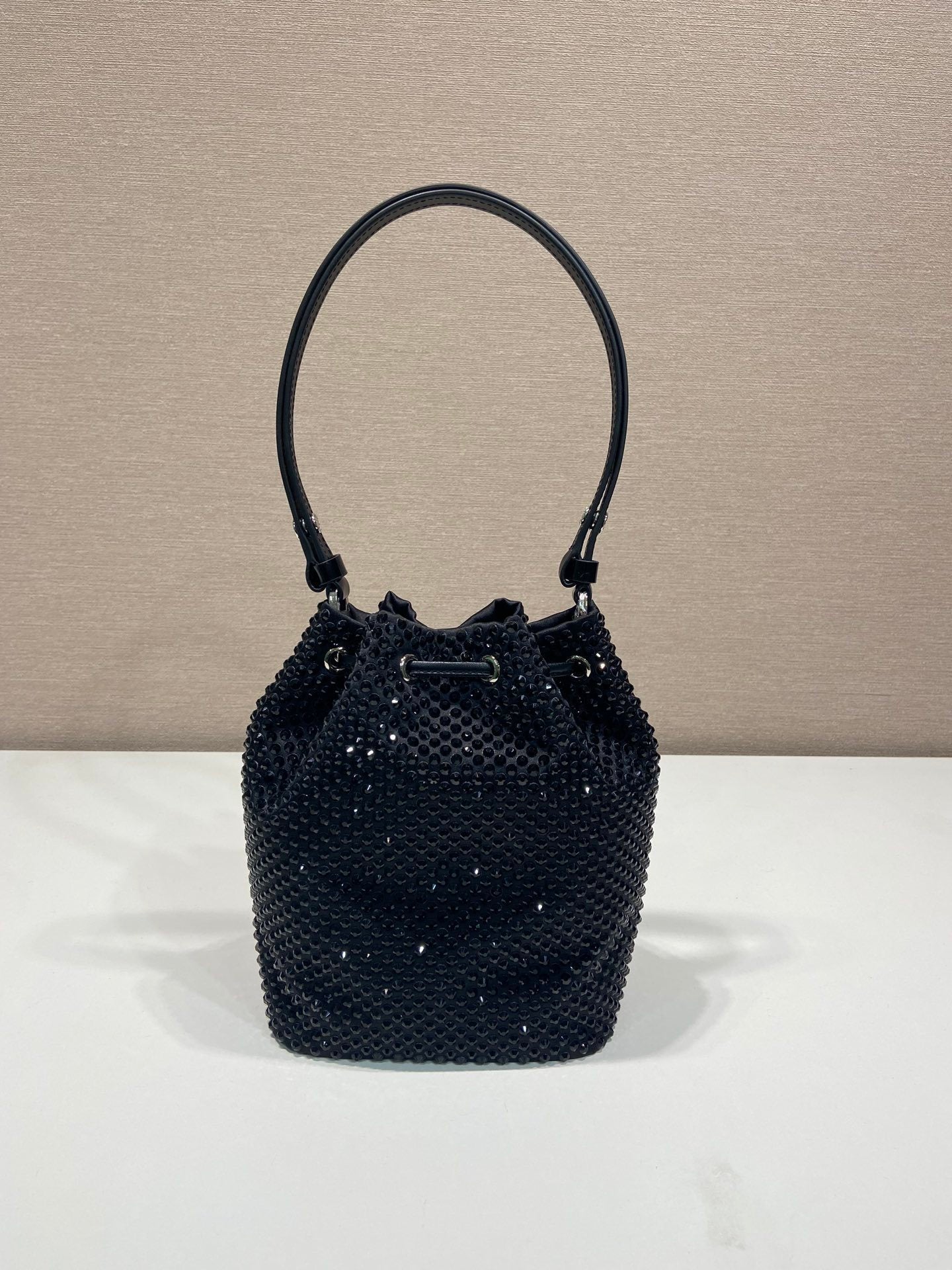 Prada Crystal-Embellished Mini Satin Bucket Bag – Black
