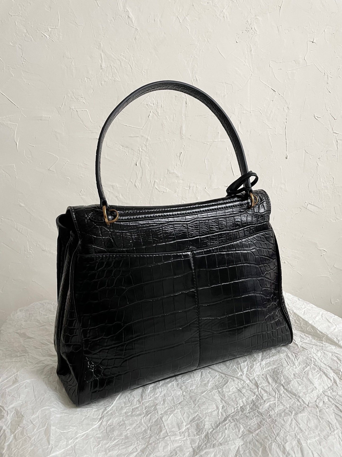Balenciaga Rodeo Black Croc-Embossed Calfskin Luxury Handbag