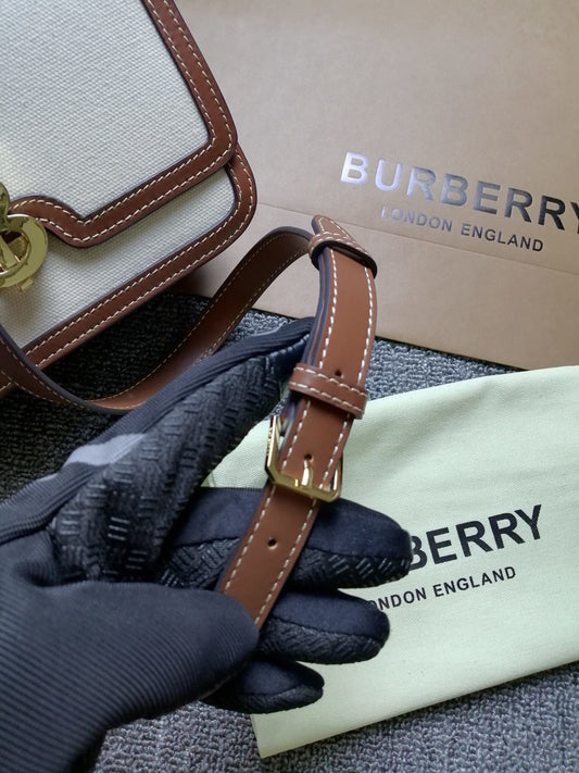 Burberry Small Two-Tone Canvas & Leather TB Bag with Gold Monogram Clasp