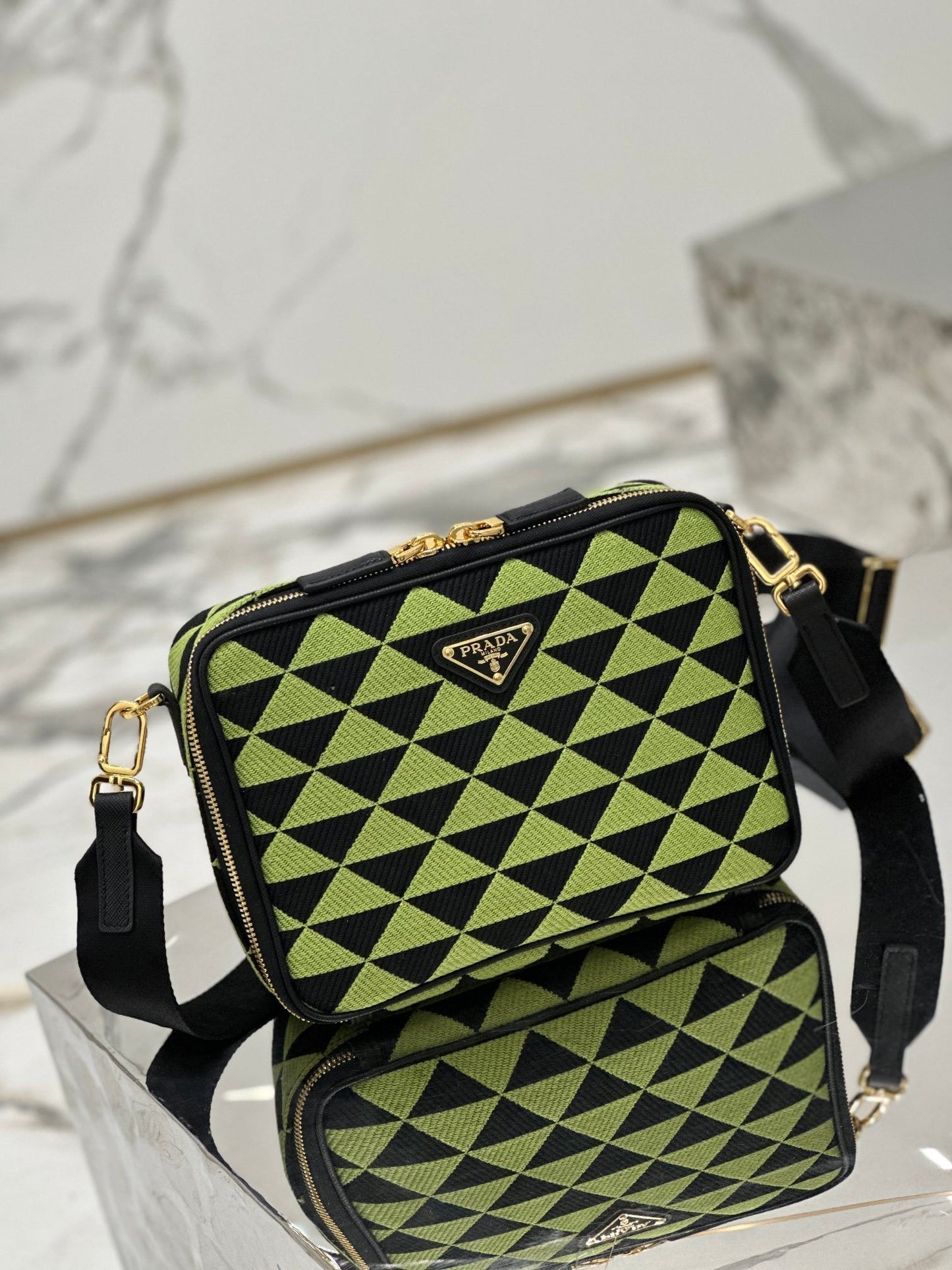 Prada Symbole Embroidered Fabric Shoulder Bag – Black & Ivy Green with Gold-Tone Hardware