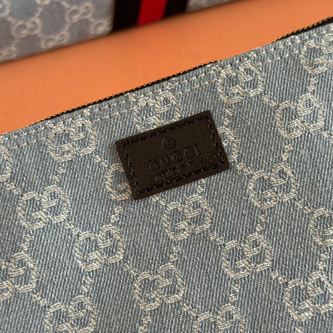 Gucci Giglio Large Tote Bag in Blue and White GG Denim with Web Trim