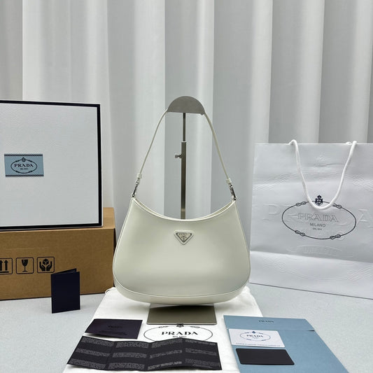 Prada Cleo Brushed Leather Shoulder Bag – White