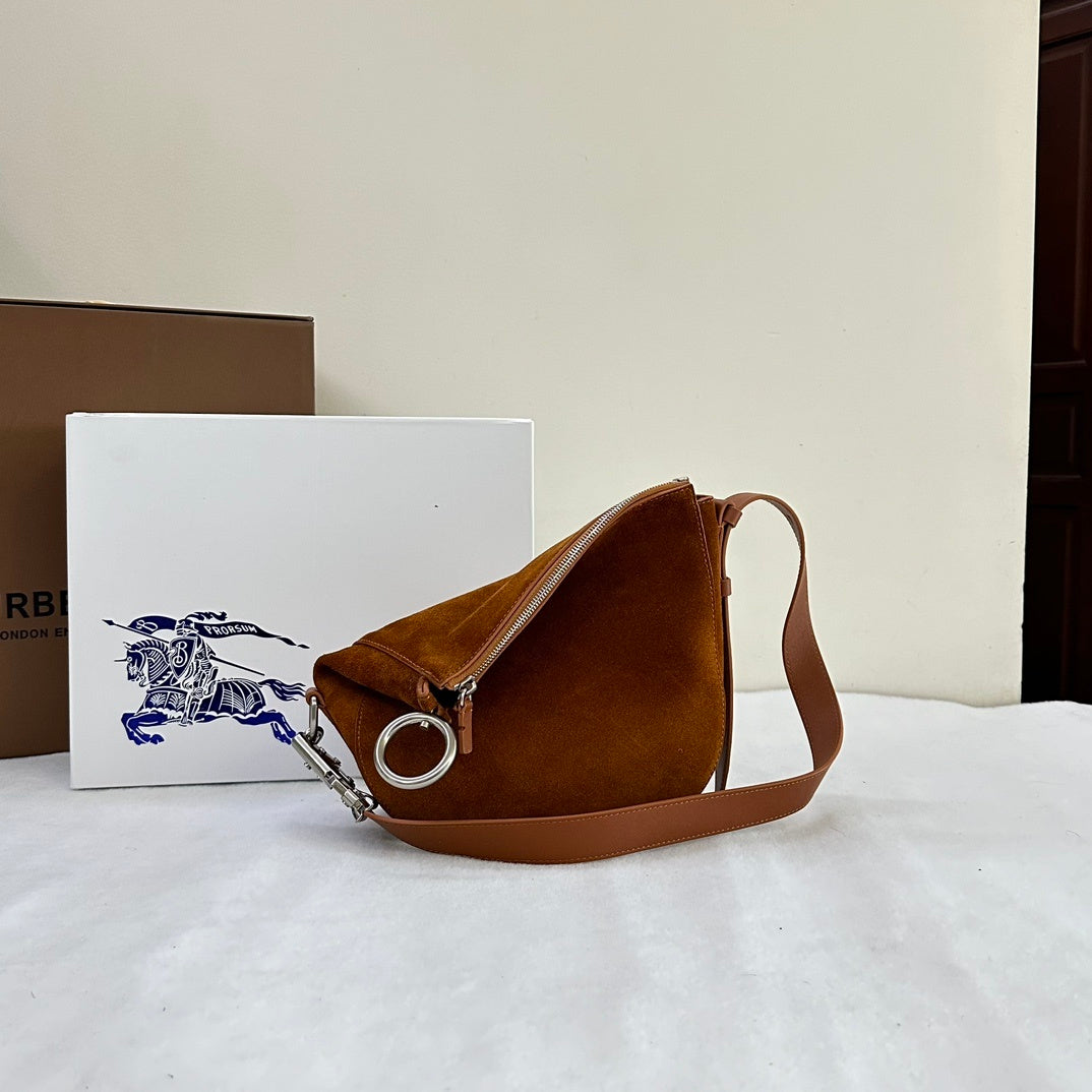 Burberry Knight Small Brown Suede Shoulder Bag with Silver Ring Detail