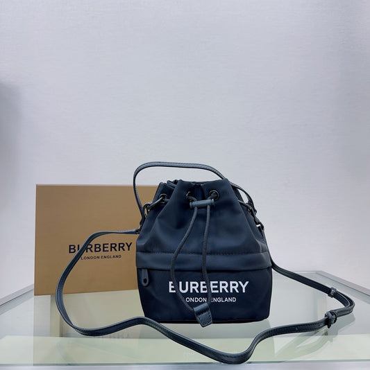 Burberry Phoebe Bucket Bag in Black Technical Nylon with White Logo Print