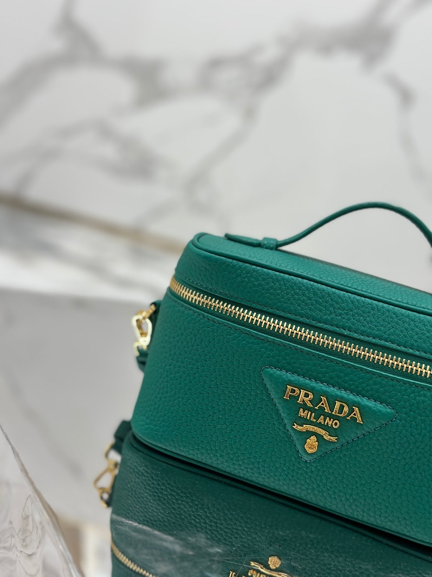 Prada Convertible Top Handle Vanity Shoulder Bag in Green Leather – Elegant Designer Bag