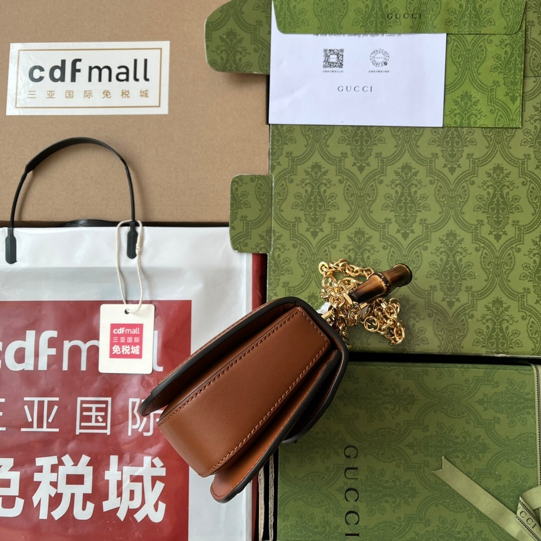 Gucci Bamboo 1947 Mini Top Handle Bag in GG Canvas with Brown Leather Trim