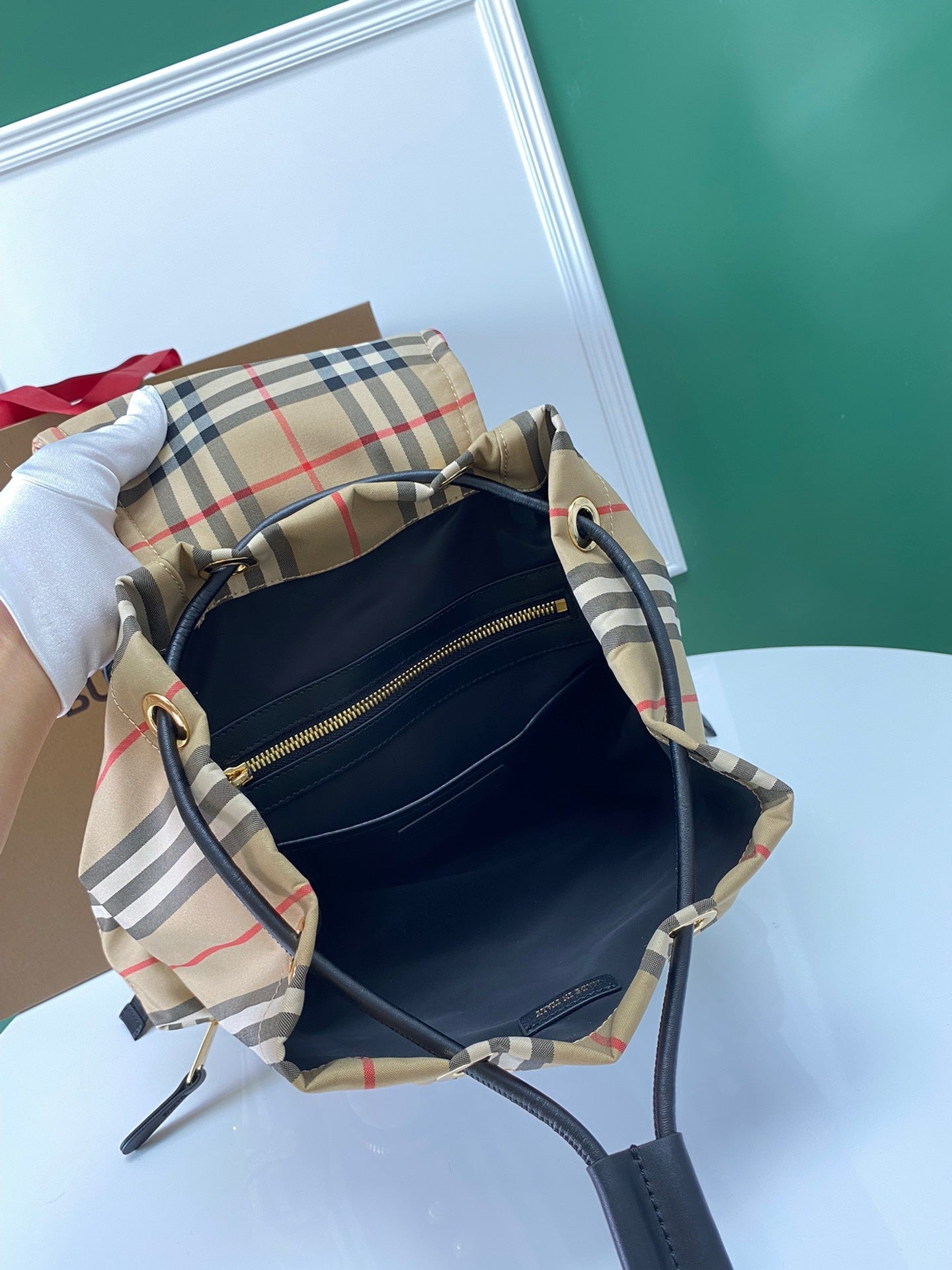 Burberry Vintage Check Backpack with Leather Trim & Buckle Closures