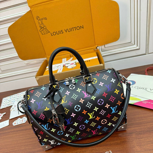 Louis Vuitton x Takashi Murakami Speedy Soft 30 Handbag Black Multicolor Monogram