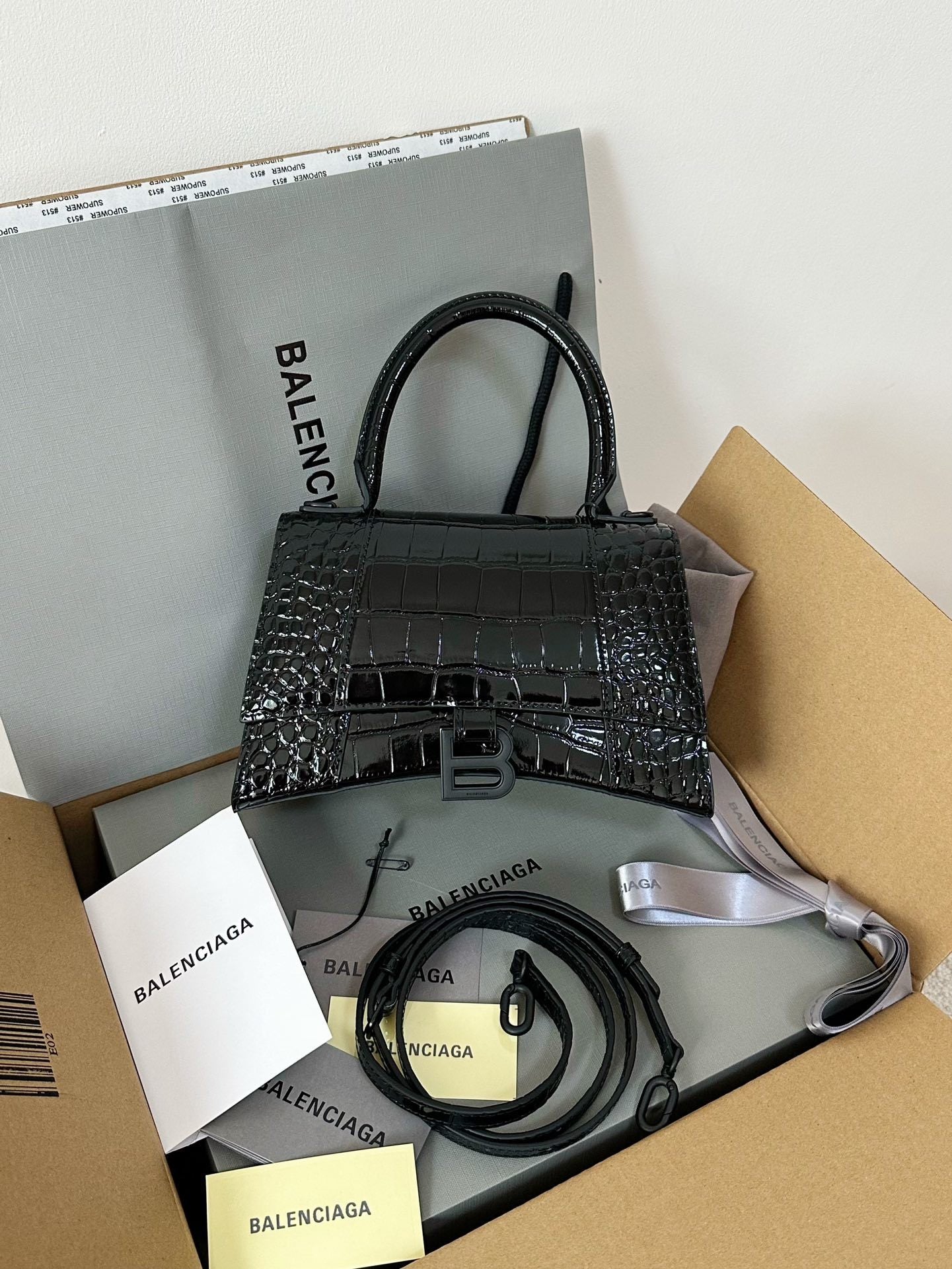 Balenciaga Hourglass Croc-Embossed Black Luxury Handbag
