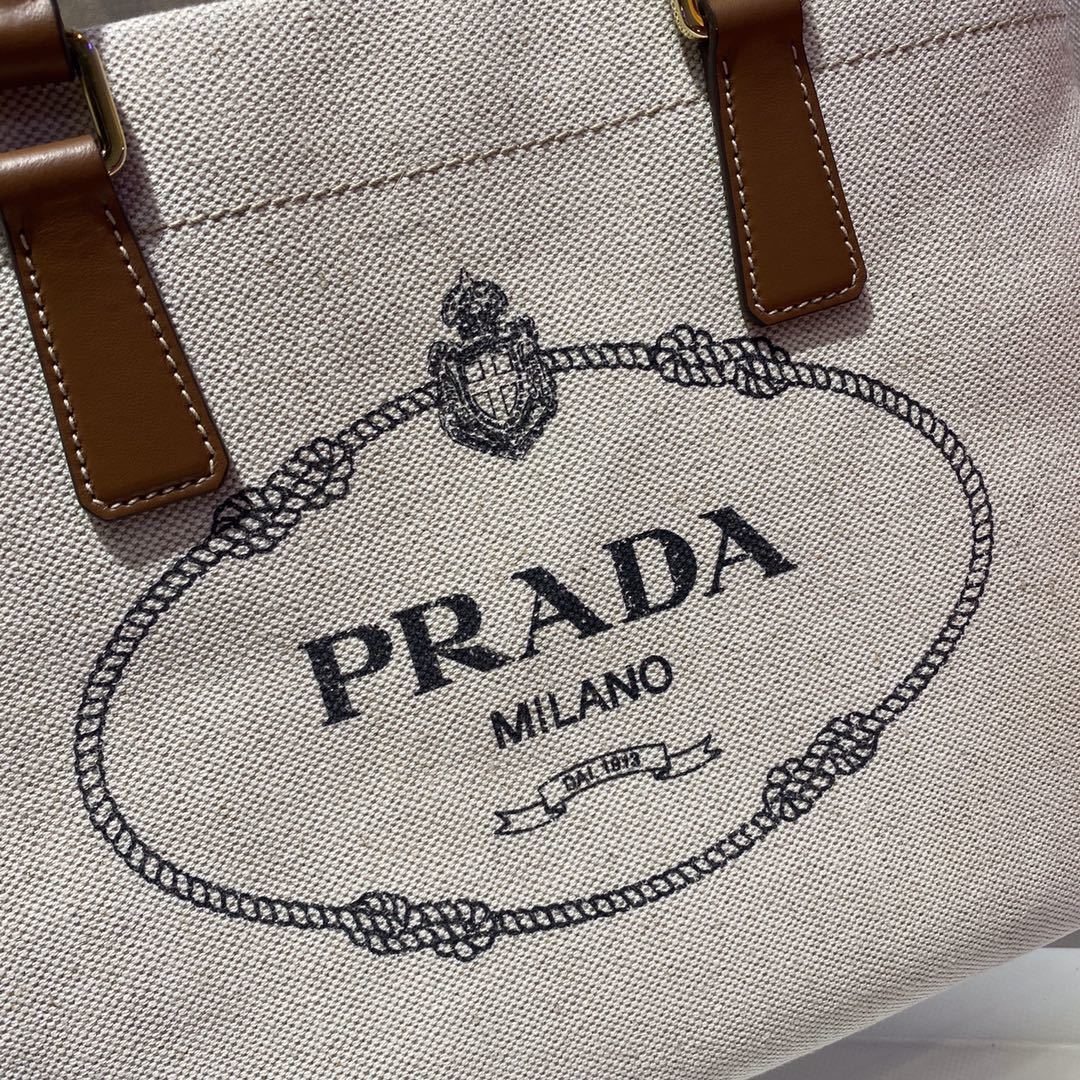 Prada Logo-Print Canvas Tote Bag with Leather Handles – Naturale & Cognac
